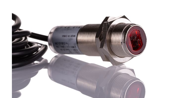 Sensore fotoelettrico cilindrico Sick VTE180-2P41182, PNP, rilevamento 1 mm a 1,1 m, IP67, custodia in metallo.