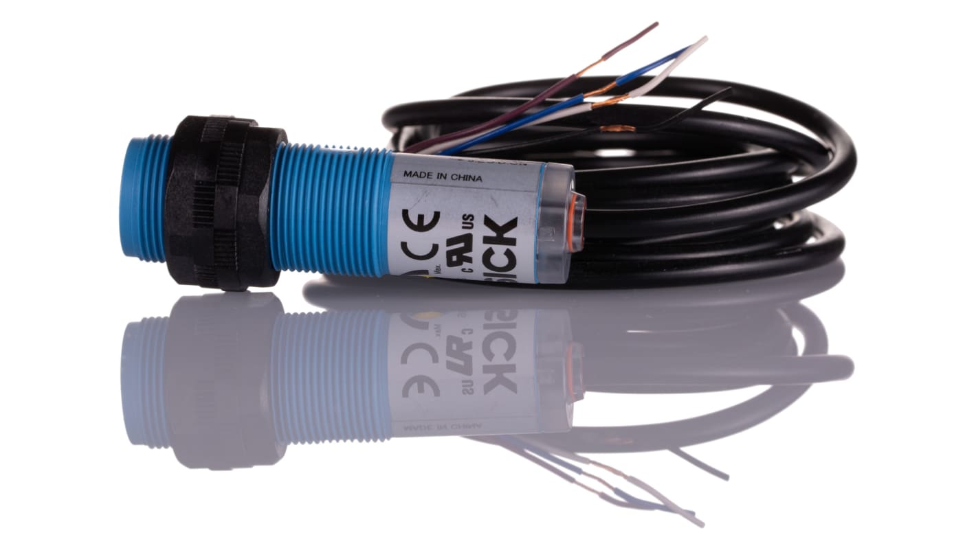 Sensore fotoelettrico cilindrico Sick VTE180-2P41187, PNP, rilevamento 1 mm a 1,1 m, IP67, temperatura -25/+55 °C.