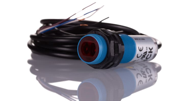 Sensore fotoelettrico cilindrico Sick VTE180-2P41187, PNP, rilevamento 1 mm a 1,1 m, IP67, temperatura -25/+55 °C.