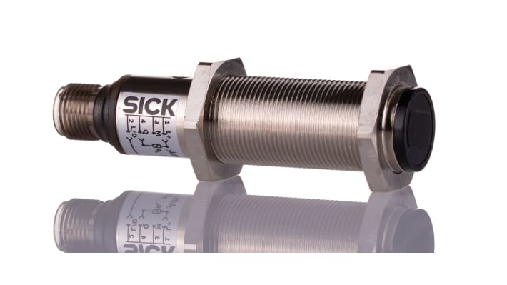 Sensore fotoelettrico cilindrico Sick VTE18-4N2240, NPN, gamma di rilevamento 3-200 mm, connettore M12, IP67.