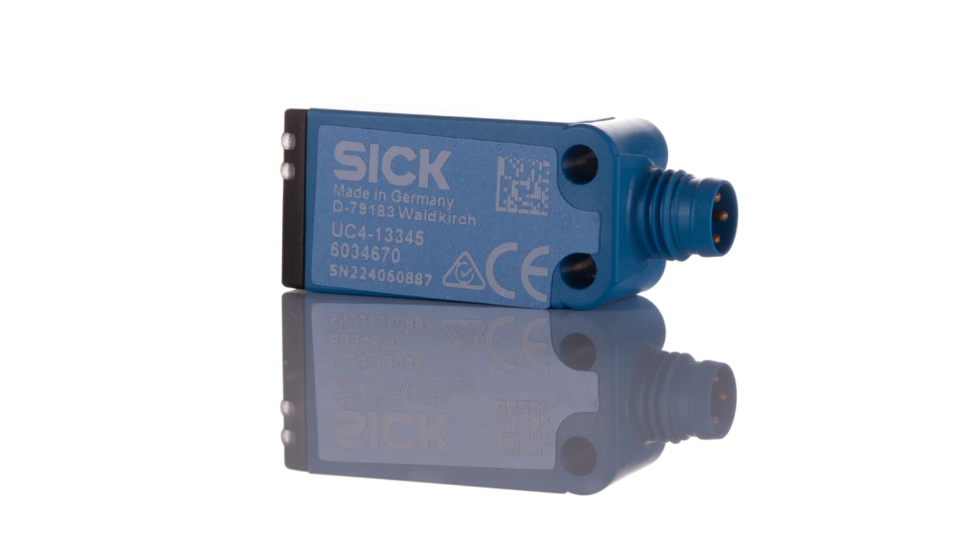 Sensore di prossimità NPN Sick UC4-13345, tecnologia a ultrasuoni, rilevamento fino a 13.150 mm, IP65/IP67, dimensioni 16.7x16x40.1 mm.