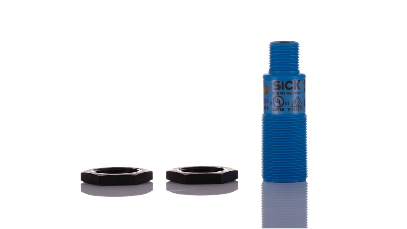 Sensore di prossimità cilindrico Sick UM18-211165101, NPN, M18, gamma 30.250 mm, IP65/IP67, dimensioni 52.7x18x18 mm.