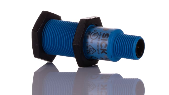 Sensore di prossimità cilindrico Sick UM18-211165101, NPN, M18, gamma 30.250 mm, IP65/IP67, dimensioni 52.7x18x18 mm.