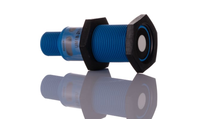 Sensore di prossimità cilindrico Sick UM18-211165101, NPN, M18, gamma 30.250 mm, IP65/IP67, dimensioni 52.7x18x18 mm.