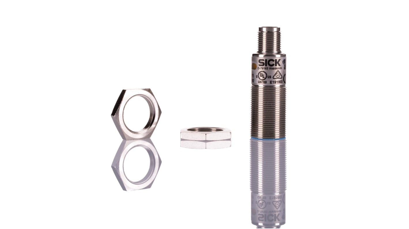 Sensore di prossimità cilindrico Sick UM18-212127111, ultrasuoni, IP65/IP67, 15-30 V, gamma 65-350 mm, metallo, 52.7 mm.