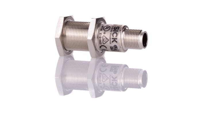 Sensore di prossimità cilindrico Sick UM18-212127111, ultrasuoni, IP65/IP67, 15-30 V, gamma 65-350 mm, metallo, 52.7 mm.