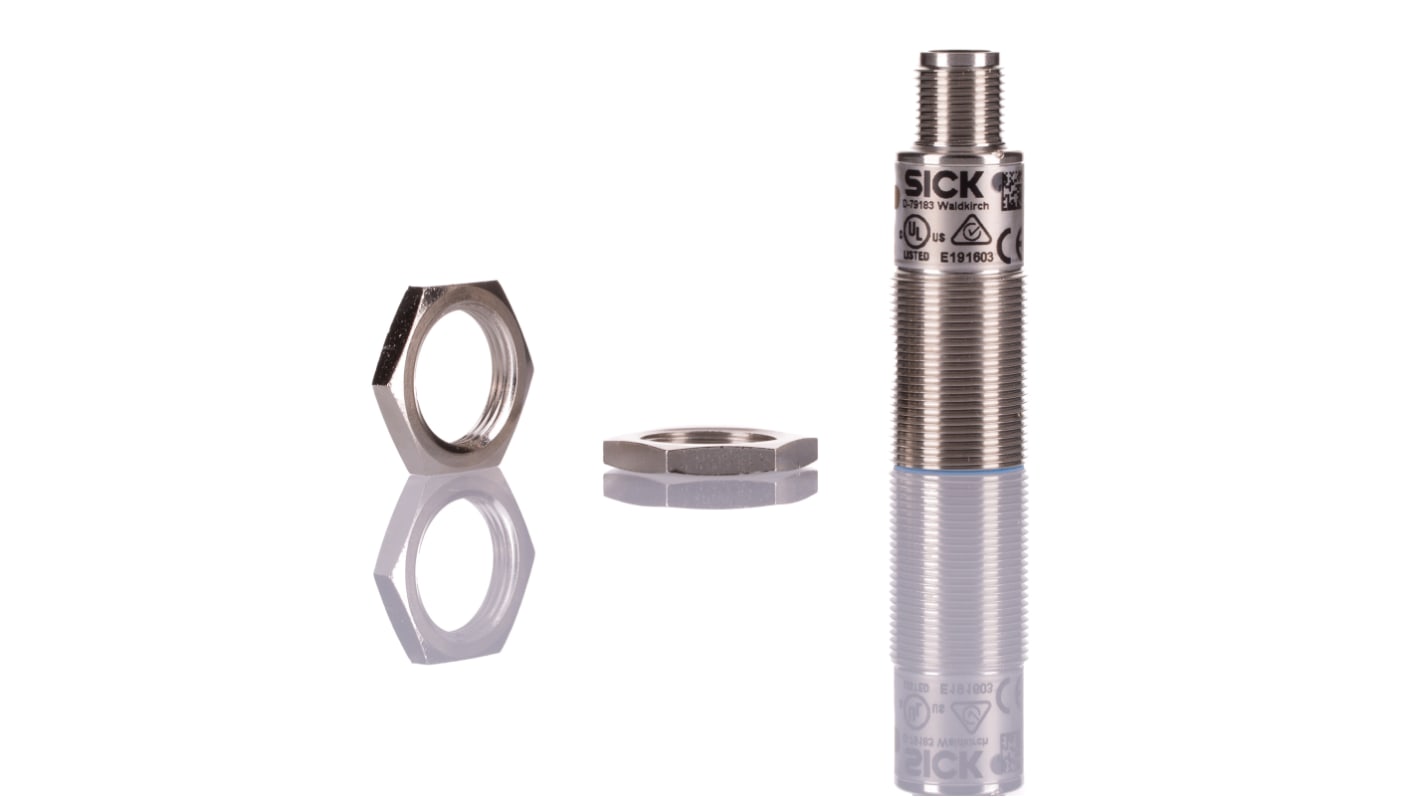 Sensore di prossimità cilindrico Sick UM18-21212A211, tecnologia PNP/NPN, rilevamento 65-350 mm, IP65/IP67, custodia in metallo.