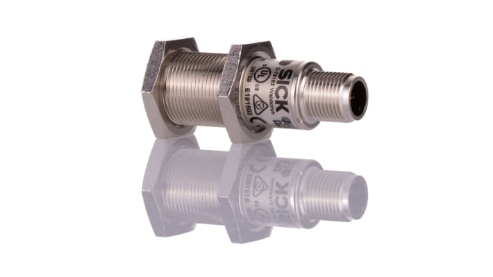 Sensore di prossimità cilindrico Sick UM18-21212A211, tecnologia PNP/NPN, rilevamento 65-350 mm, IP65/IP67, custodia in metallo.