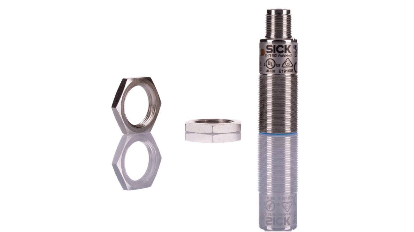 Sensore di prossimità cilindrico Sick UM18-21812A211, tecnologia PNP/NPN, gamma 120-1000 mm, IP65/IP67, dimensioni 52.7x18x18 mm.