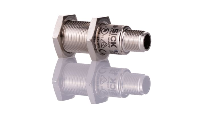 Sensore di prossimità cilindrico Sick UM18-21812A211, tecnologia PNP/NPN, gamma 120-1000 mm, IP65/IP67, dimensioni 52.7x18x18 mm.