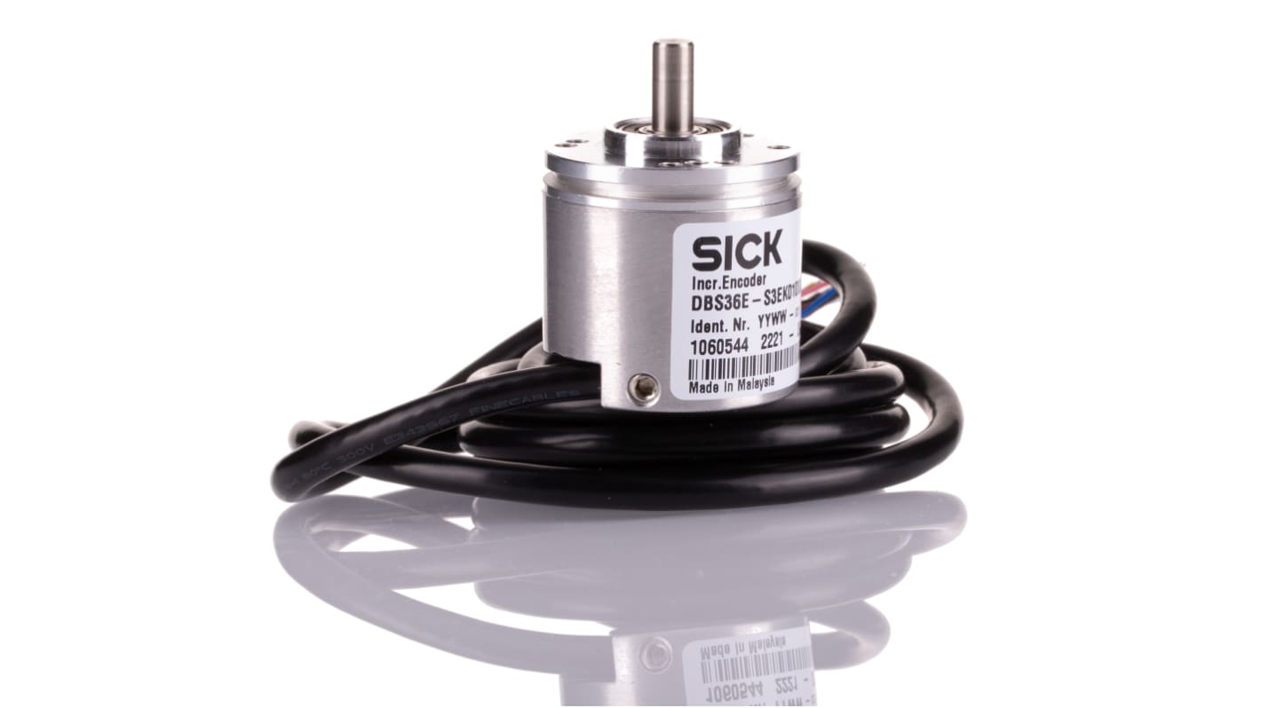 Encoder incrementale Sick DBS36E-S3EK01000, 1000 impulsi/giro, albero 6 mm, IP65, 37x37x35.5 mm, alimentazione 7-30 V.
