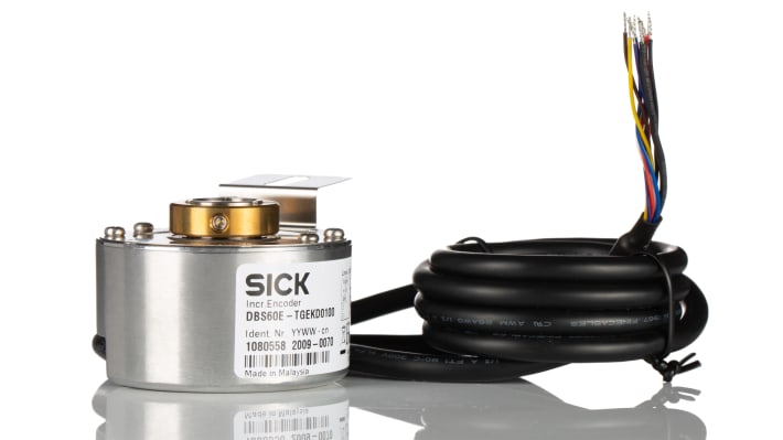 Encoder incrementale Sick DBS60E-TGEKD0100, 100 impulsi/giro, montaggio albero cavo, IP65, 58x58x41.8 mm.