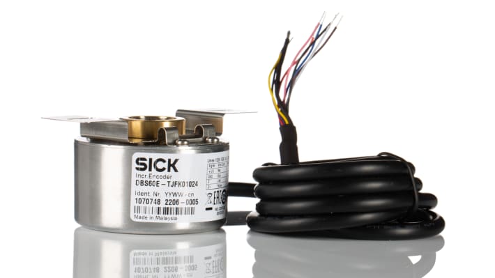 Encoder incrementale Sick DBS60E-TJFK01024, 1024 impulsi, diametro albero 6mm, IP65, montaggio con cavo, dimensioni 58x41,8mm.