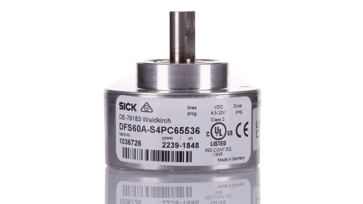 Encoder incrementale Sick DFS60A-S4PC65536, risoluzione fino a 16 bit, montaggio su albero pieno, dimensioni 60x60x40,1 mm.