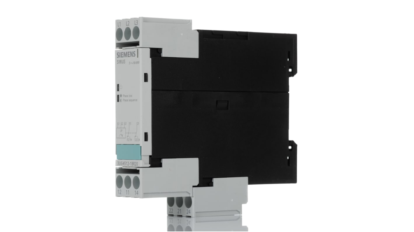 Relè di monitoraggio fase Siemens 3UG4512-1BR20, con 2 contatti DPDT e isolamento galvanico, classe di protezione IP20.