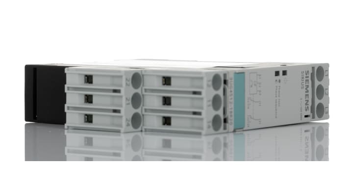 Relè di monitoraggio fase Siemens 3UG4512-1BR20, con 2 contatti DPDT e isolamento galvanico, classe di protezione IP20.