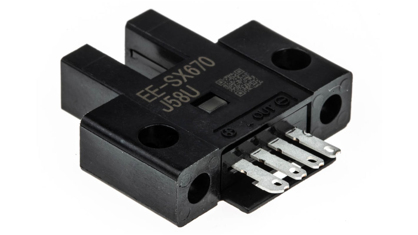 Sensore fotoelettrico a forcella Omron EE-SX670, rilevamento a 5 mm, uscita NPN, IP50, temperatura operativa -25°C/+55°C.