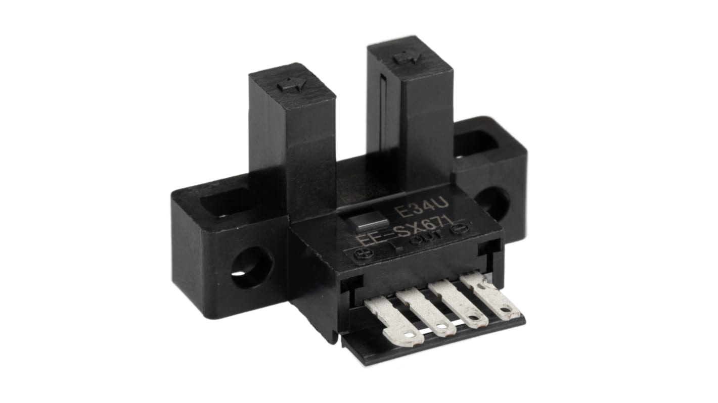 Sensore fotoelettrico a forcella Omron EE-SX671OMC, rilevamento a fascio diretto, uscita NPN, IP50, 5 mm, PBT, -25/+55 °C.
