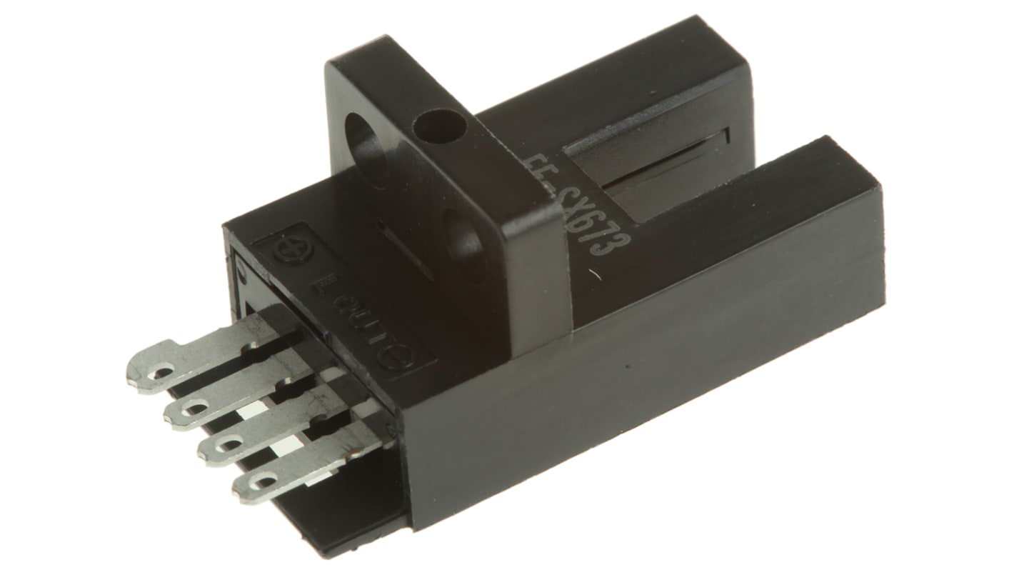 Sensore fotoelettrico a forcella Omron EE-SX673, rilevamento a fascio diretto, gamma 5 mm, uscita NPN, IP50.