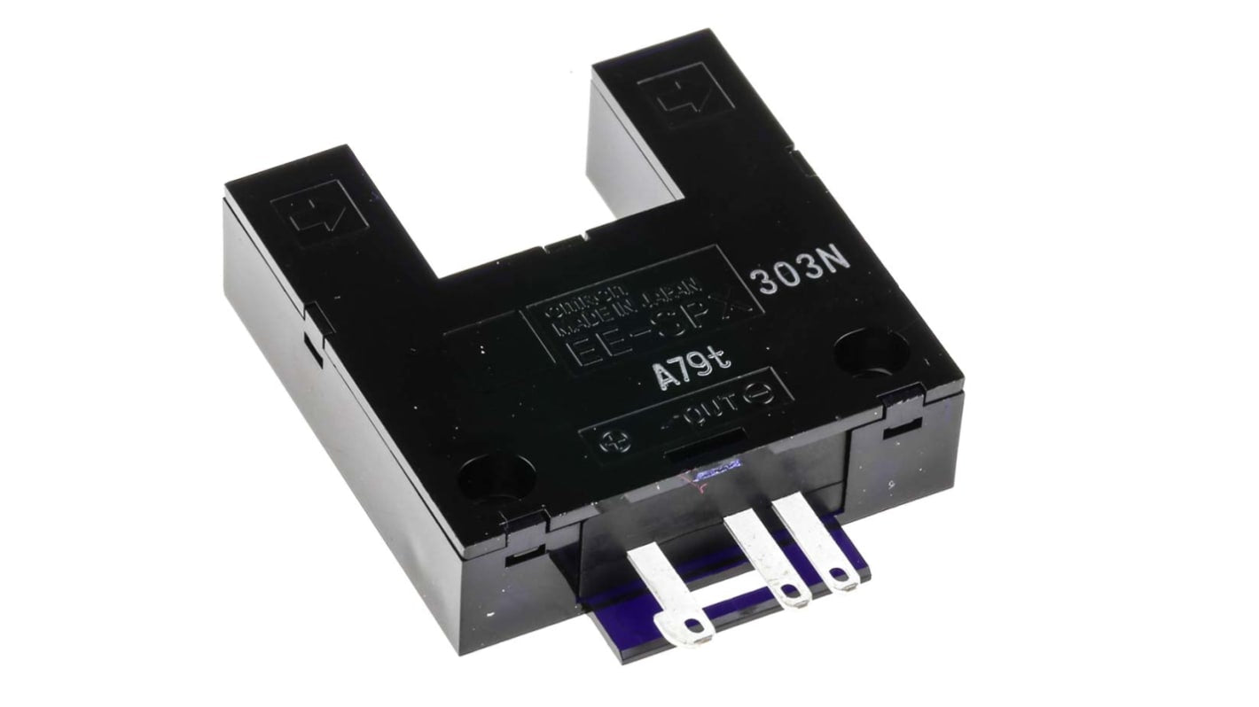 Sensore fotoelettrico a forcella Omron EE-SPX303N, rilevamento diretto, gamma 13 mm, uscita NPN, IP50, temperatura -10°C/+55°C.