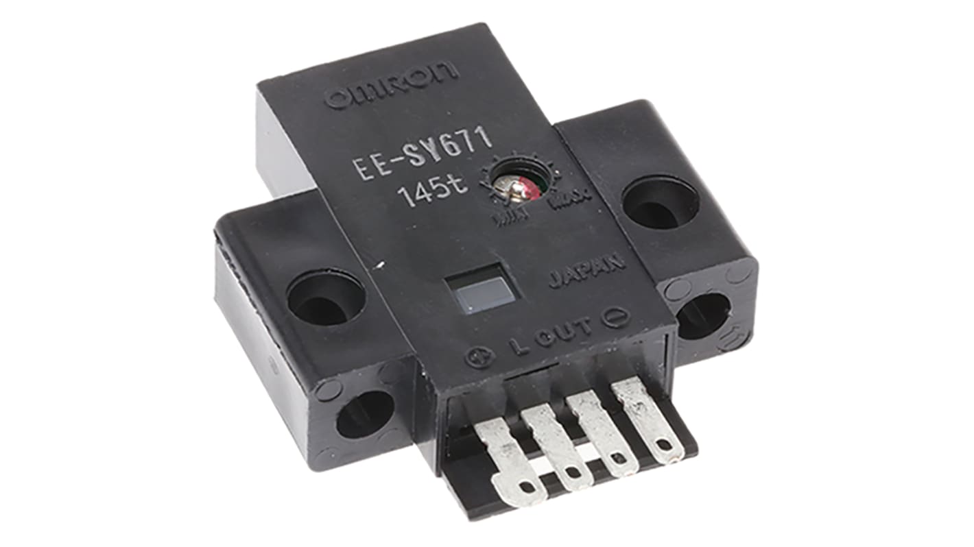 Omron EE-SY671, sensore fotoelettrico rettangolare a retroriflessione, rilevamento 1-5 mm, uscita NPN, IP50, LED indicatore.