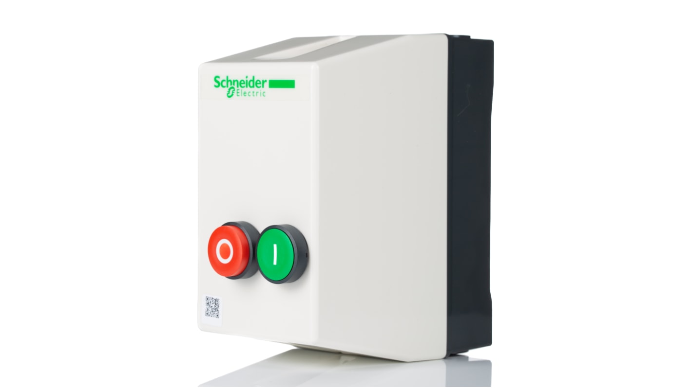 Starter DOL manuale Schneider Electric LE1D09N7, 3 fasi, 5,5 kW, IP65, montaggio superficiale, dimensioni 166 x 88 x 128,5 mm.