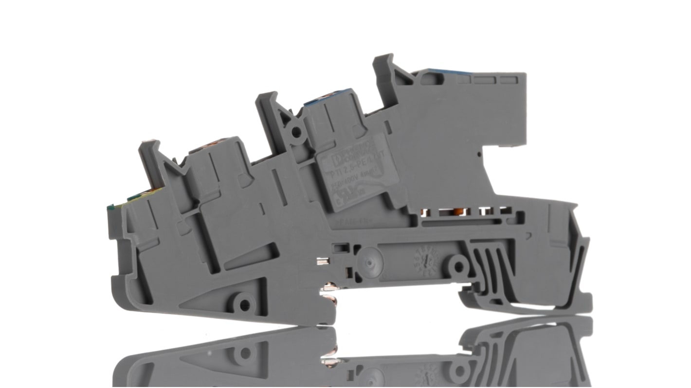 Morsetto di terra Phoenix Contact 3213946, terminazione push-in 12 AWG per connessioni sicure in impianti elettrici industriali.