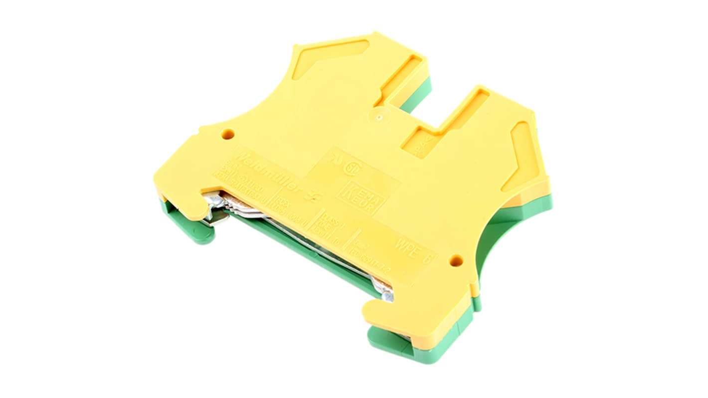 Morsettiera per guida DIN Weidmüller 1010200000. Verde/Giallo, 720A. Isolamento protettivo, collegamento a vite. Compatibile con cavi da 20 a 8 AWG. Ideale per applicazioni industriali.