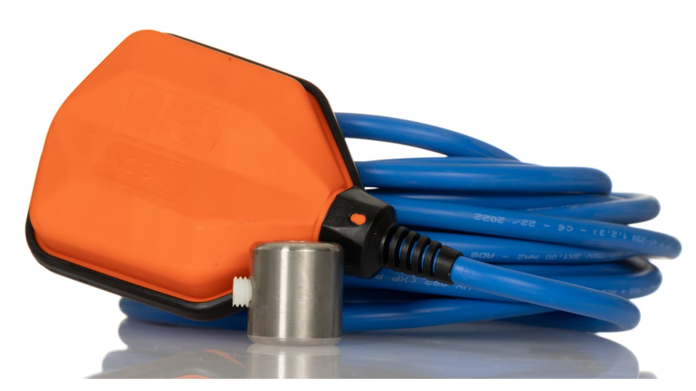 Interruttore a galleggiante Lovato LVFSA1D10 in polipropilene, cavo di 10 m, per controllo livello liquidi, max 250 V, 2 bar.