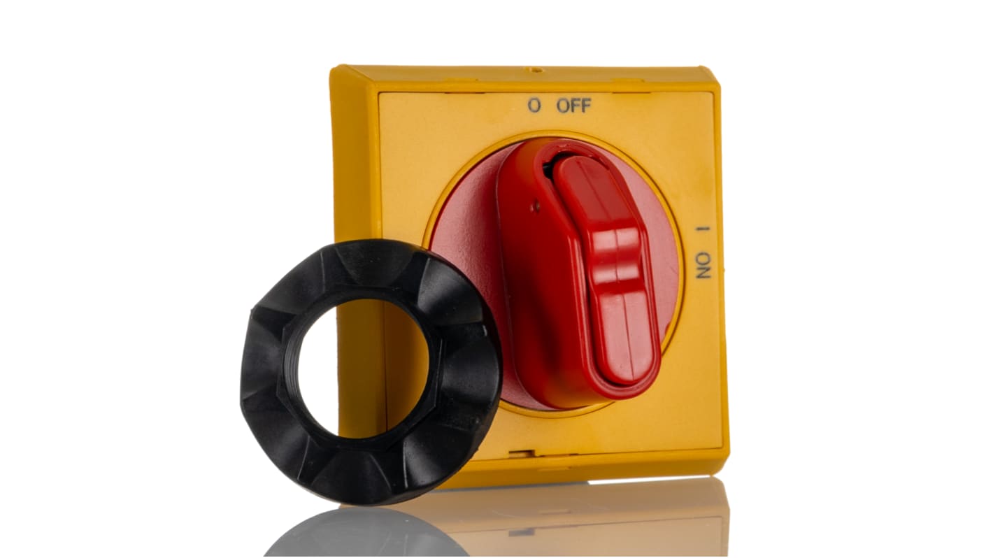 Manopola rotante ABB MSHD-LY, colore rosso/giallo, per avviatori manuali MO132, MO450, MS116. Lunghezza 57,9 mm, grado di protezione IP64.