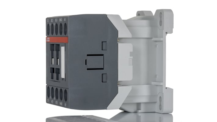 Contattore ABB 1SBL111001R2001 AS12-30-01-20 per controllo motori, 3 poli, 24 A, 24 V, dimensioni 45 x 72,5 x 68 mm.