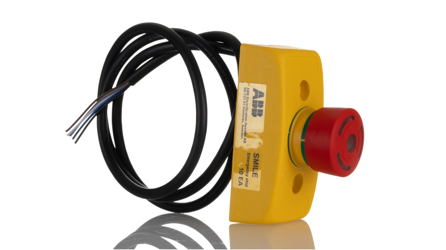 Pulsante di arresto di emergenza ABB Smile, montaggio a pannello, diametro 32mm, 2 contatti NC, colore rosso, 24V cc.