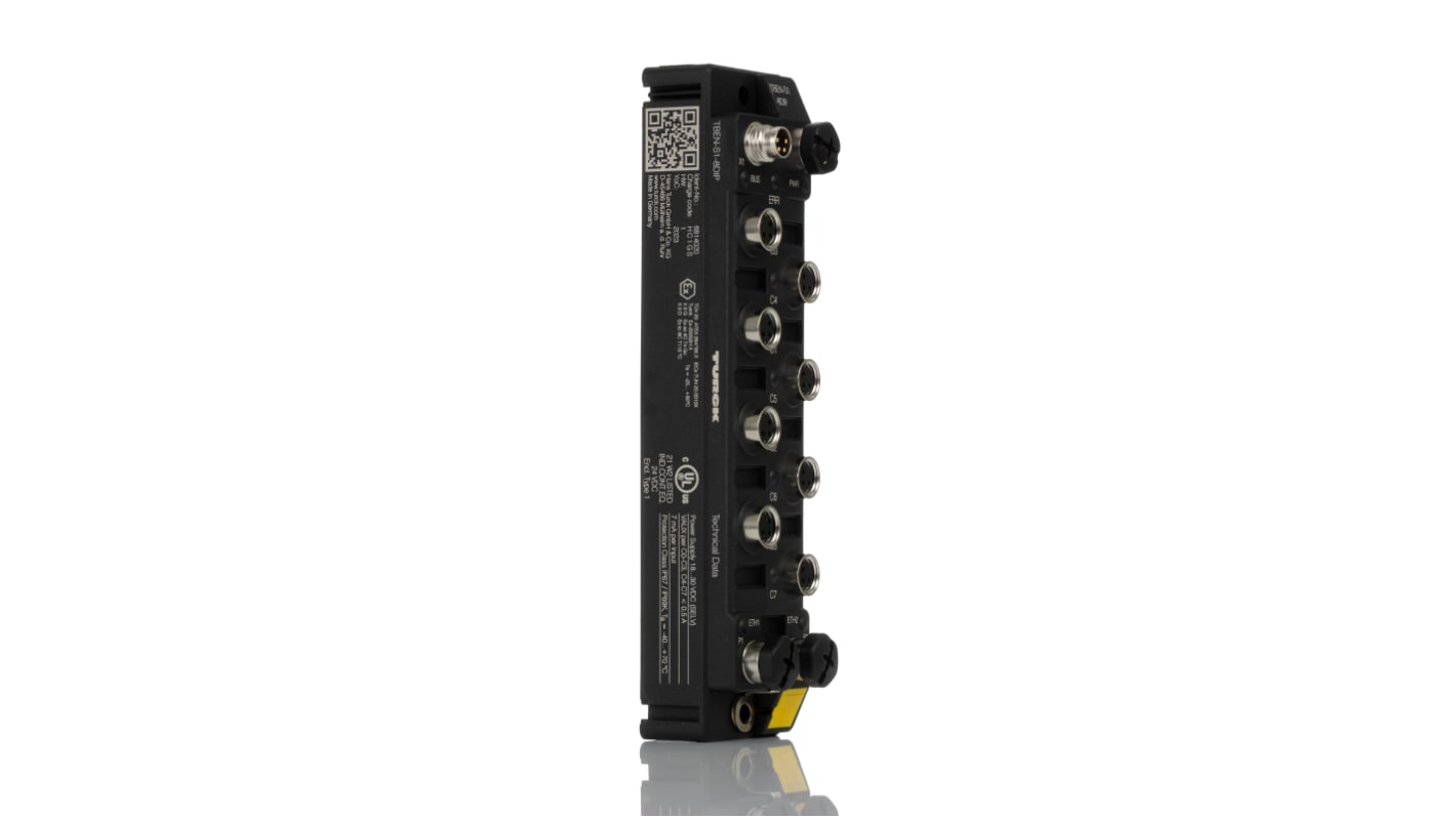 Modulo I/O Turck TBEN-L4-8IOL, 2 porte M12 4 pin, IP69K, -40 a 70 °C, dimensioni 230,4 x 60,4 x 39 mm.
