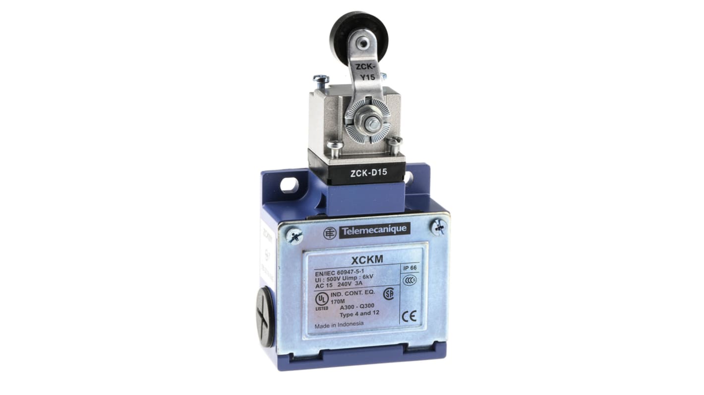 Interruttore di fine corsa Telemecanique XCKM115 con leva, NO/NC, 240V, 10A, IP66 - Ideale per applicazioni industriali.