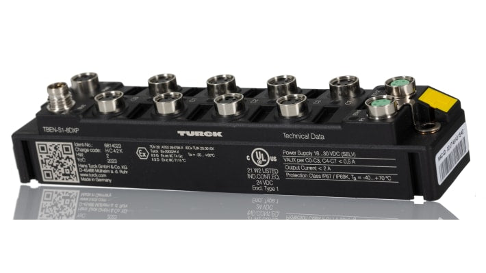 Modulo I/O Turck TBEN-S1-8DXP, connettore M8 a 4 pin, otto canali digitali, IP65/IP67/IP69K, -40 a 70 °C.