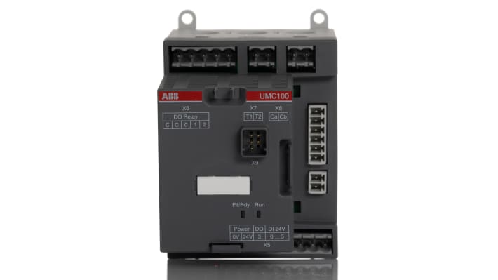 Controllore ABB 1SAJ530000R0100 UMC100.3 DC per motori c.c., 63 A, 600 V, 6 ingressi e 4 uscite digitali, dimensioni 107x70x106 mm.