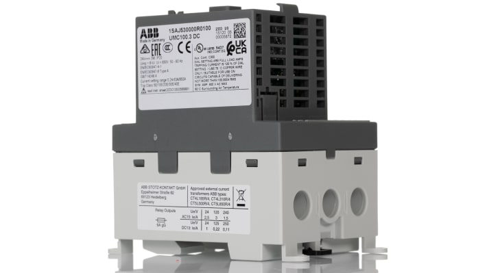 Controllore ABB 1SAJ530000R0100 UMC100.3 DC per motori c.c., 63 A, 600 V, 6 ingressi e 4 uscite digitali, dimensioni 107x70x106 mm.
