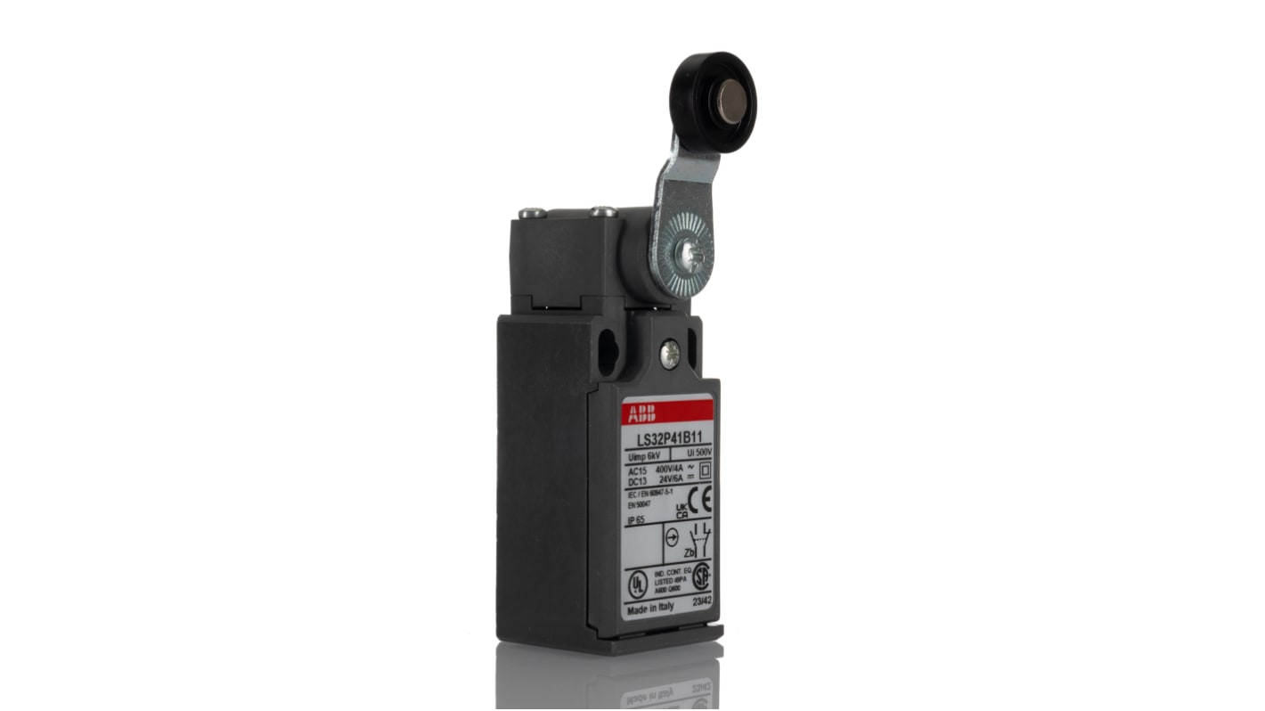 Interruttore di fine corsa a leva a rullo ABB, configurazione 1NC/1NA, grado di protezione IP65, dimensioni 45mm x 30mm x 106mm.