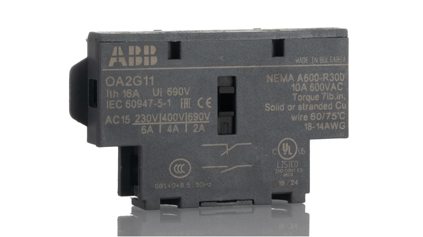 Interruttore ausiliario ABB OA, 1NA/1NC, montaggio laterale, corrente max 16A, dimensioni 36x8.75x54mm, codice 1SCA022379R8100 OA2G11.