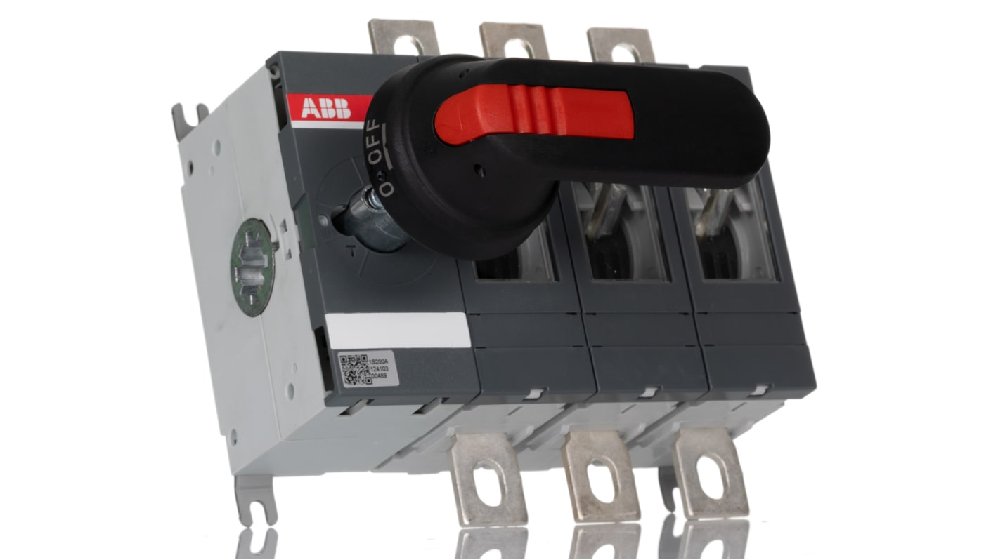 Sezionatore interruttore ABB OT400E03P, 3 poli, 400A, 690V, IP65, montaggio su base, dimensioni 107x191x185mm.