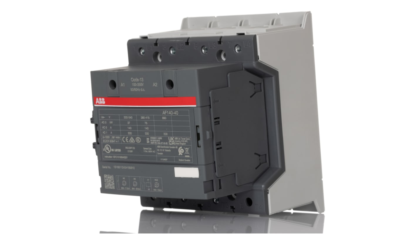 Contattore ABB 1SFL447101R1311 AF140-40-11-13, 4 poli, 200 A, 75 kW, 250 V, dimensioni 128x120x150 mm, per controllo motori.