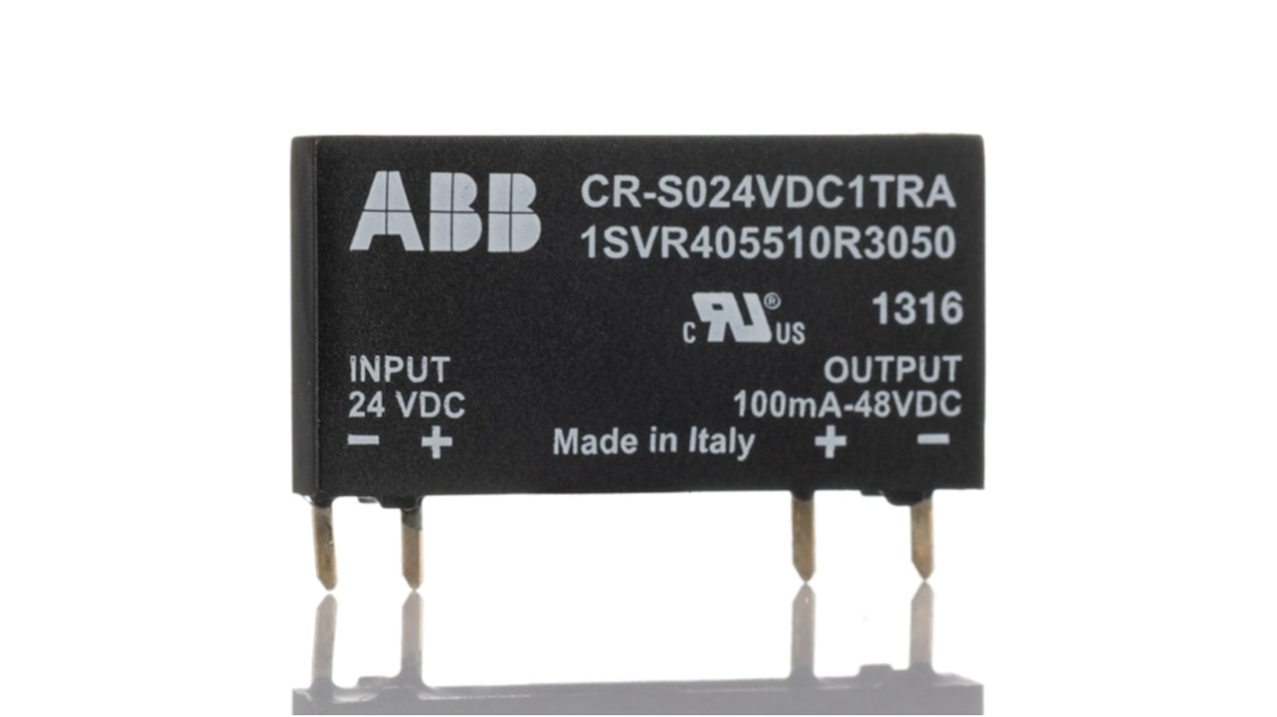 Relè a stato solido ABB, tensione di controllo 24 V, montaggio su guida DIN, dimensioni 15 x 5 x 28 mm, contatti senza cadmio.
