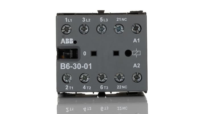 Contattore ABB GJL1211001R0011 B6-30-01 24V AC, 3 poli, 20 A, montaggio su guida DIN, dimensioni 52.5 x 46.7 x 57.5 mm.