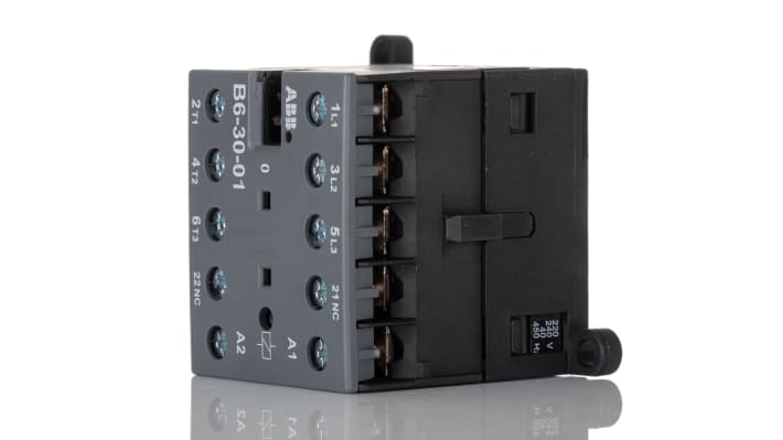 Contattore ABB GJL1211001R8010 B6-30-01, 3 poli, 20 A, 240 V, montaggio su guida, dimensioni 57,5 x 52,5 x 46,5 mm.
