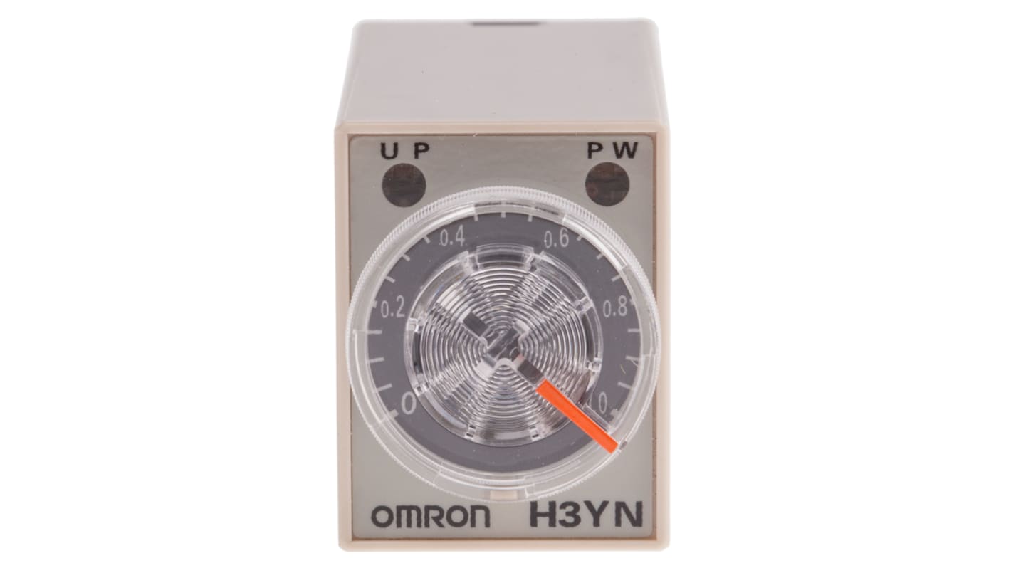 Omron H3YN-4, timer relay multifunzione 4 poli, montaggio su guida DIN, 24V AC, dimensioni 21.5mm x 63mm x 28mm.
