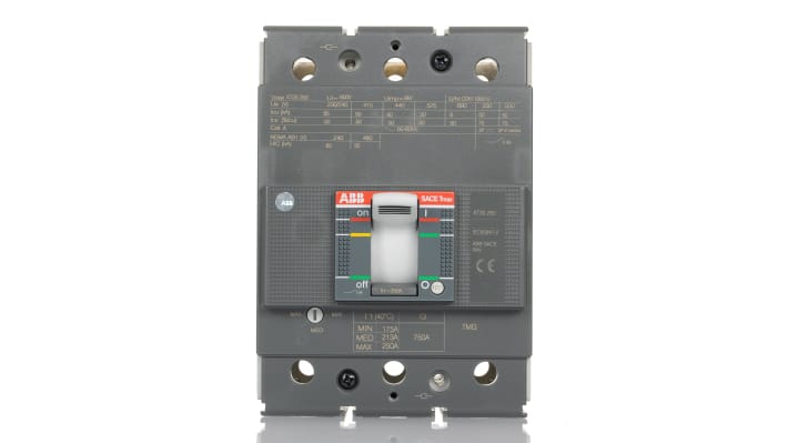 Interruttore magnetotermico ABB XT3S 250 TMG, 250A, 3 poli, montaggio fisso, dimensioni 70x105x150mm.