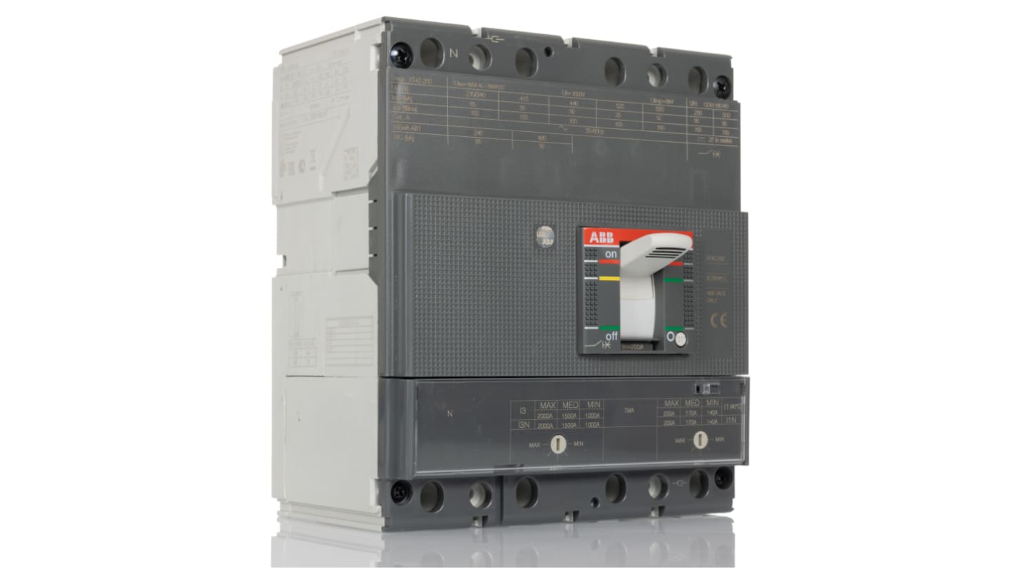 Interruttore magnetotermico ABB 200A, 4 poli, montaggio fisso, dimensioni 82.5mm x 140mm x 160mm, potere di interruzione 85 kA.