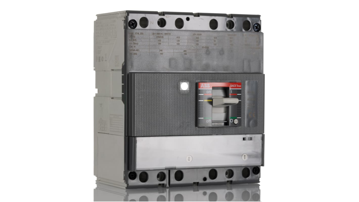Interruttore magnetotermico ABB 200A 4 poli, montaggio fisso, dimensioni 82.5x140x160mm, potere di interruzione 150 kA.