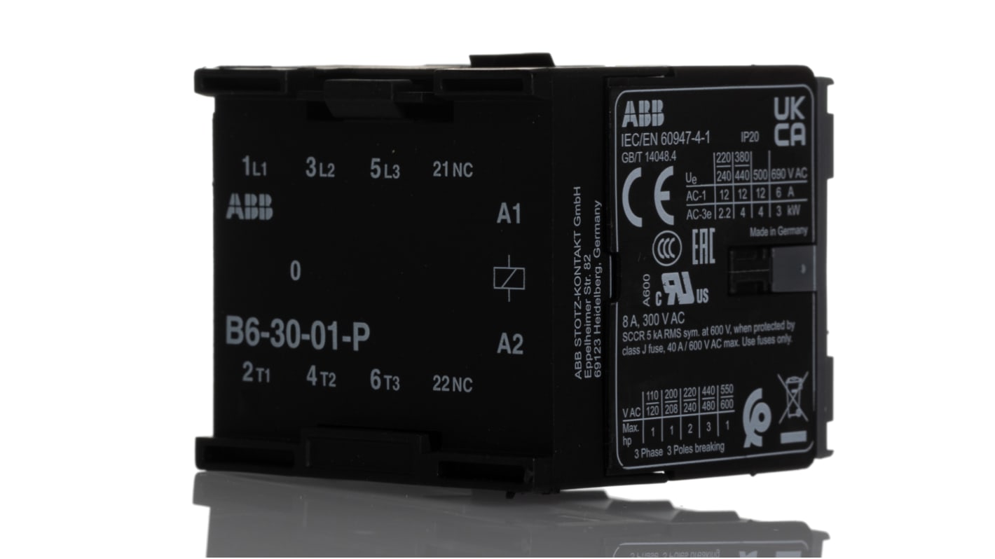 Contattore ABB GJL1211009R8010 B6-30-01-P, 3 poli, 20 A, 240 V AC, montaggio su guida DIN, dimensioni 47.7 x 47.5 x 45.2 mm.