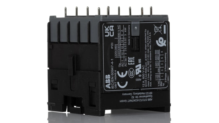 ABB GJL1311009R8100, contattore B7 3 poli 3NO, 12 A, 5,5 kW, montaggio su guida DIN, dimensioni 47,7 x 47,5 x 45,2 mm.